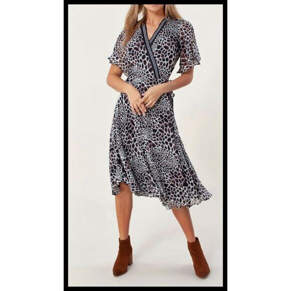 NWT Hale Bob Leigh Georgette Wrap Dress Lined ASO Brown Taupe Animal Print Large - Picture 1 of 13